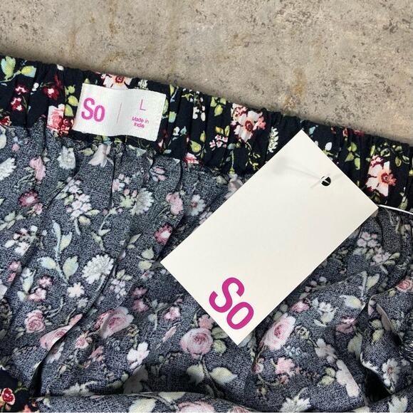 SO Large New with Tags High Rise Black & Pink Floating Floral Print Midi Skirt - Picture 9 of 10